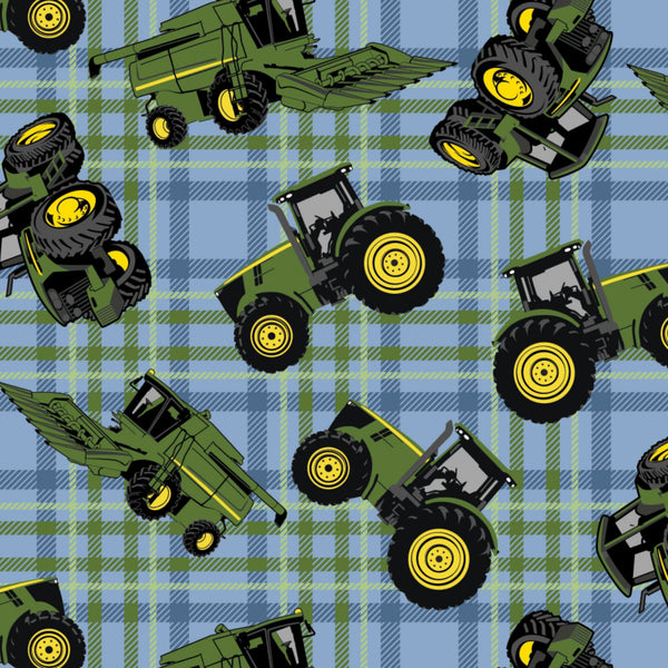John Deere Tractors on Plaid Fabric by the yard