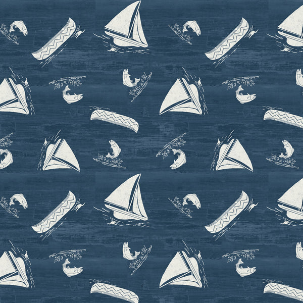 A Day At The Lake Boats Fabric by the yard