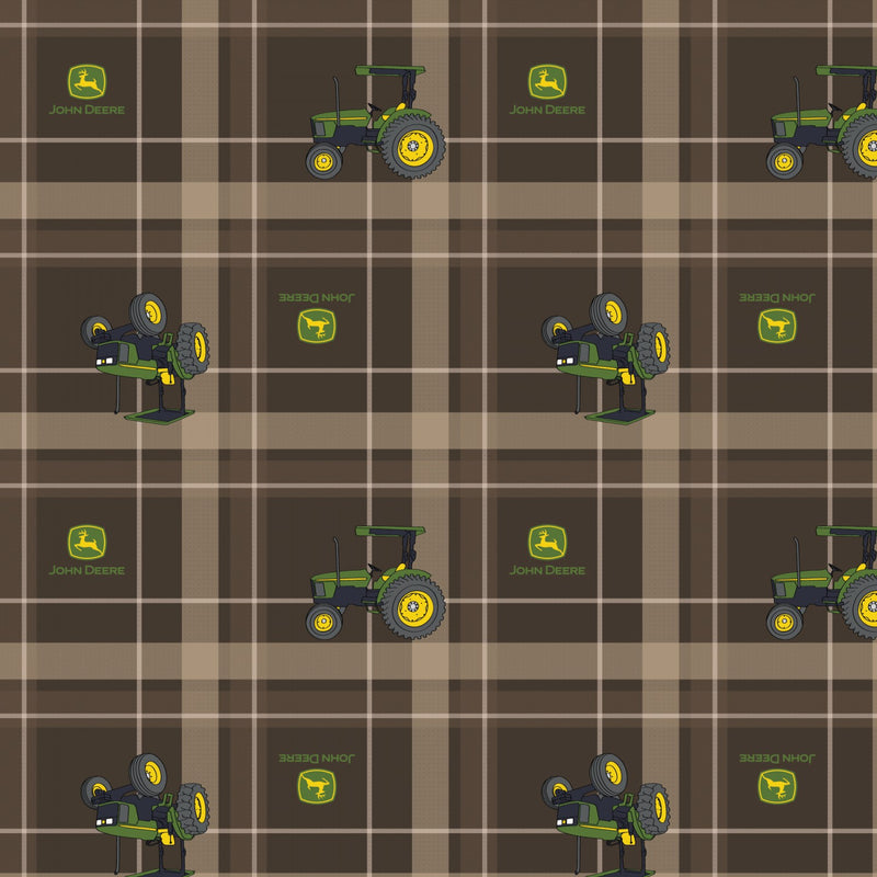 John Deere Tractor Brown Plaid Fabric by the yard