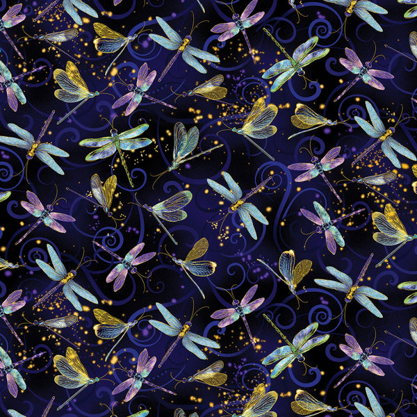 Dancing Dragonflies Navy Floral Dragonfly Fabric by the yard