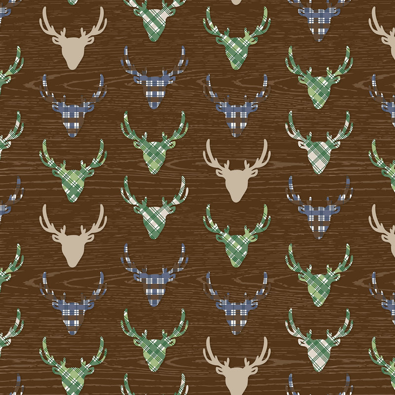 The Great Outdoors Brown Deer Reindeer Buck Woodland on White Fabric by the yard