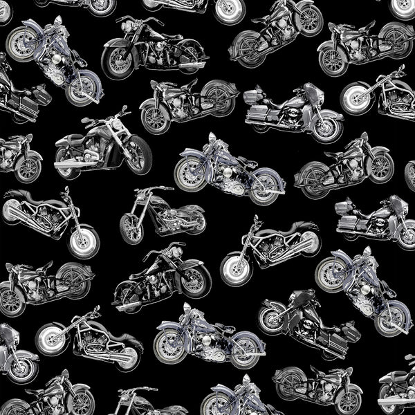 Motorcycles Fun Black Fabric by the yard