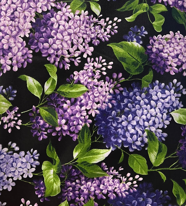Lilacs Lavender on Black Floral Fabric by the yard